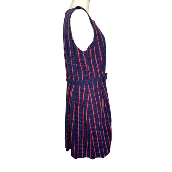 L.L. Bean Red & Blue Check Seer Sucker Sleeveless Dress Belted Size 16 - Picture 7 of 11